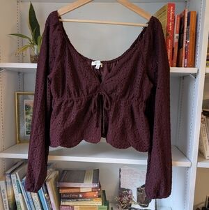Kirious Women's Lace Top Babydoll Burgundy Large Boho Festival Cropped Romantic